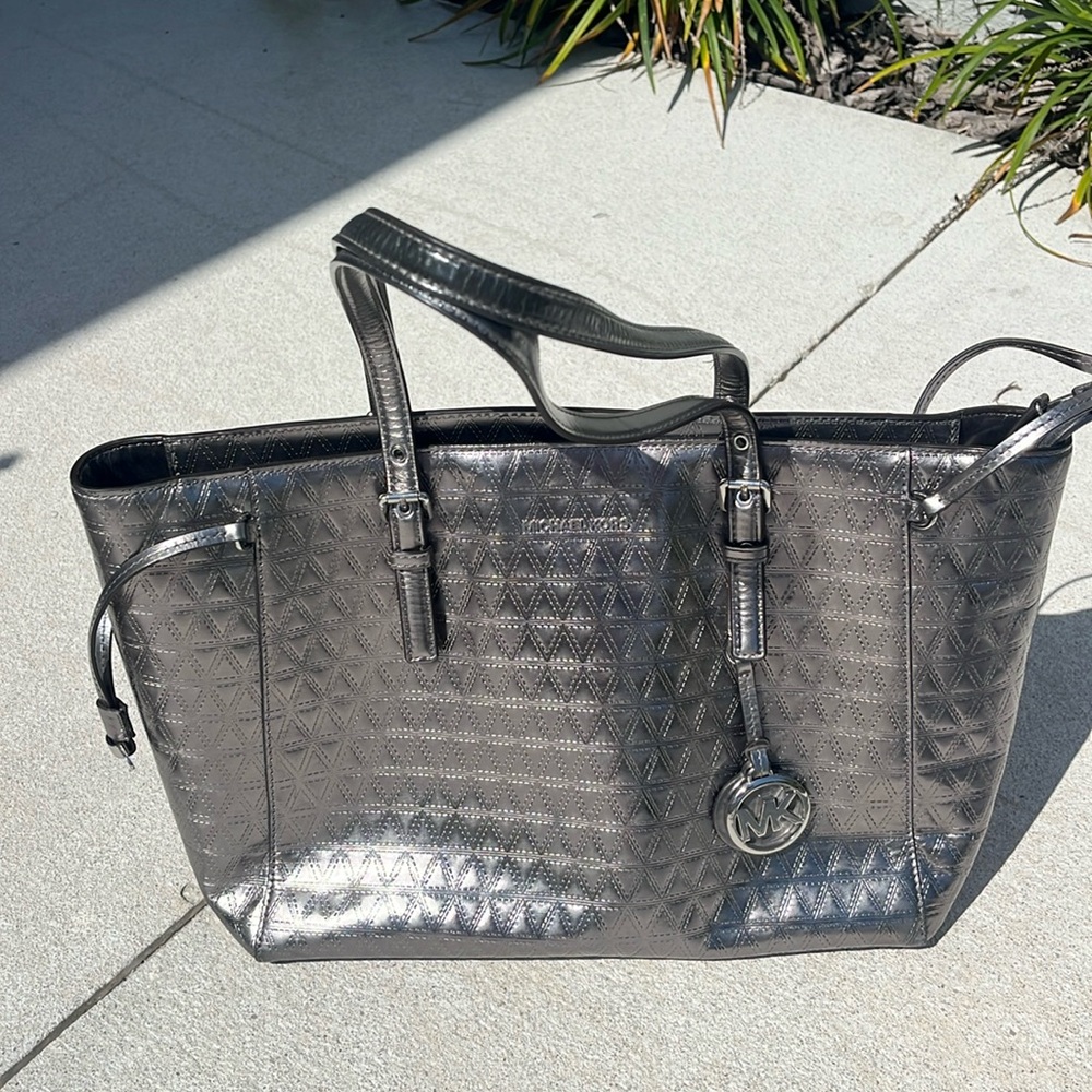 Michael Kors Gunmetal/Metallic Silver Leather Tote